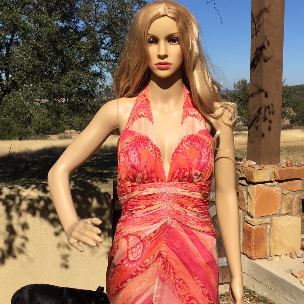 HP🎉BADGLEY MISCHKA FORMAL SEXY PINK & ORANGE HALTER FLOWY MAXI DRESS WITH SCARF - Picture 6 of 9